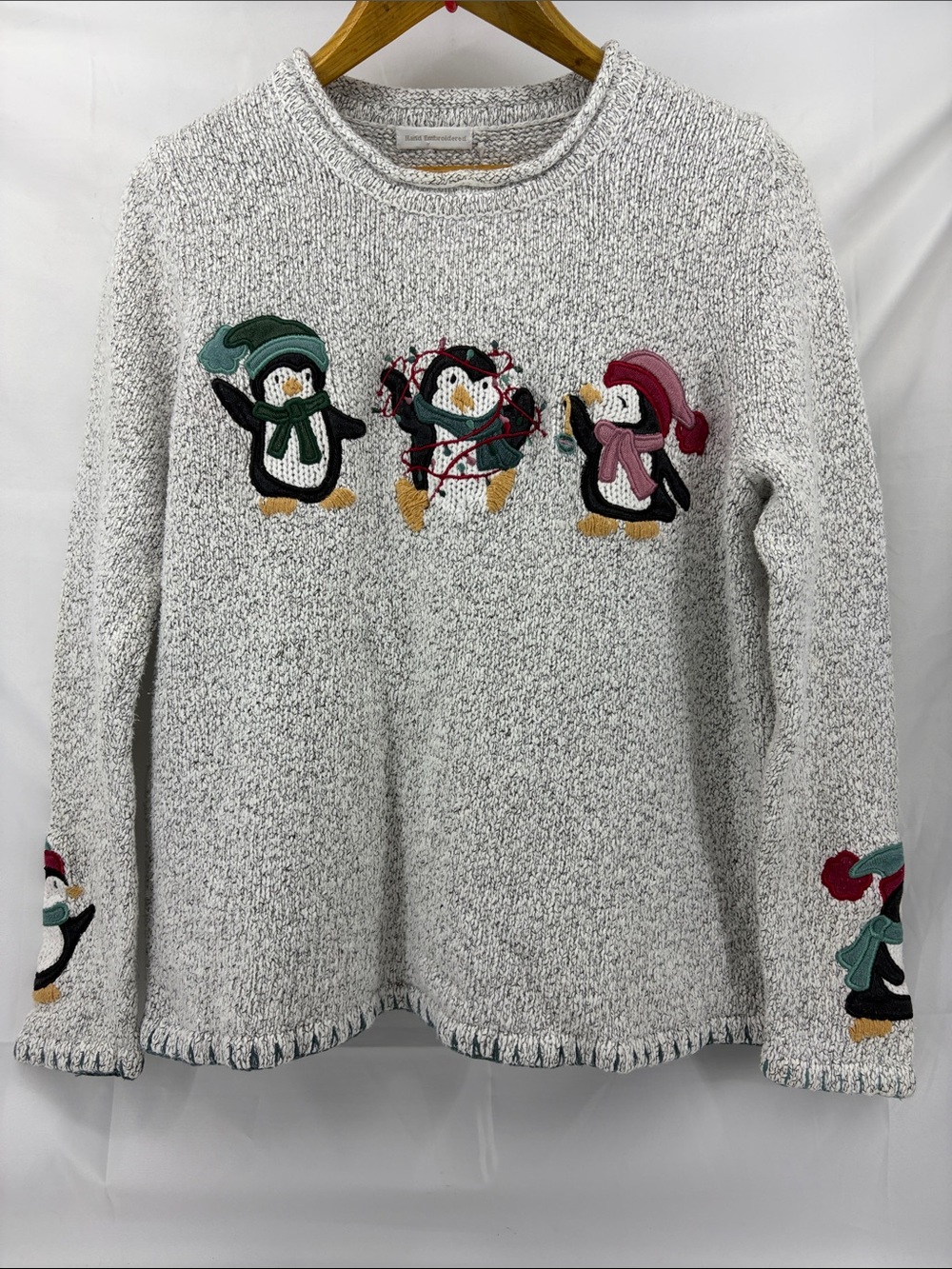 Hand Embroidered Marled Knit Sweater Penguin Winter Holiday Sweater, est L